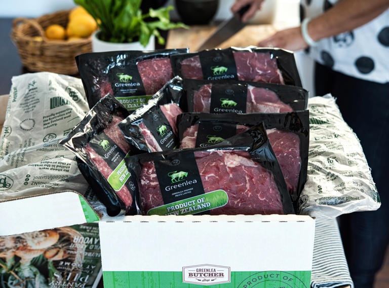 Meat Box from Greenlea Butcher Shop Box of grass fed beef from the Greenlea Butcher Shop on a counter top